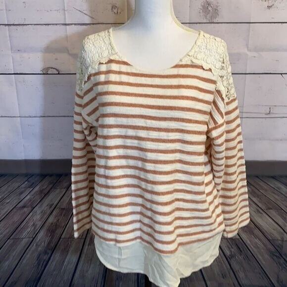 Doe Rae Shirt Womens Large Ivory Orange Striped Lace Boho Boxy Rayon Textured - Picture 3 of 12
